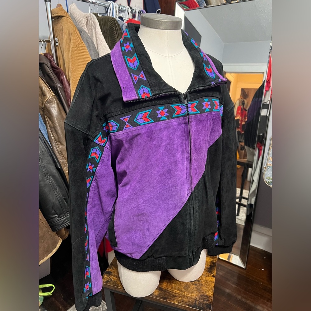 Black & purple suede leather bomber jacket with incredibly detailed Aztec print